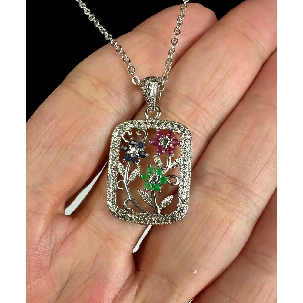 Vintage Floral Gemstone Pendant Necklace Sterling Silver Style